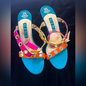 Leather Sandals Heels Studded Buckle Strap - Gina Made England Colorblock.  6.5